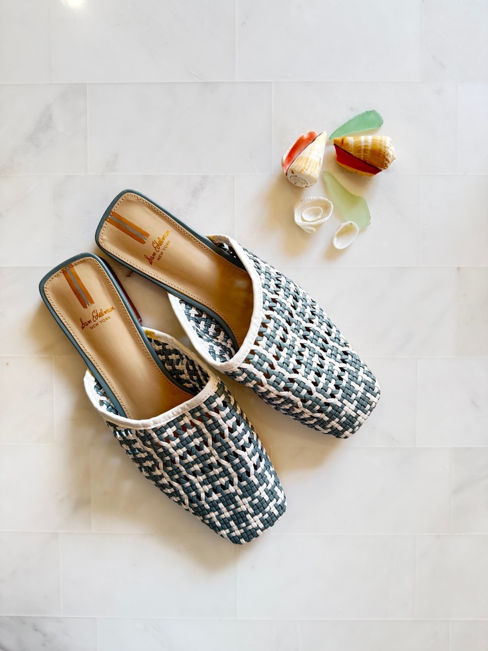Sam Edelman Woven Slide Mules in light blue and White